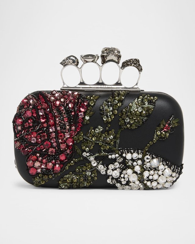 Bead & Crystal Flower Skull Four Ring Clutch Bag